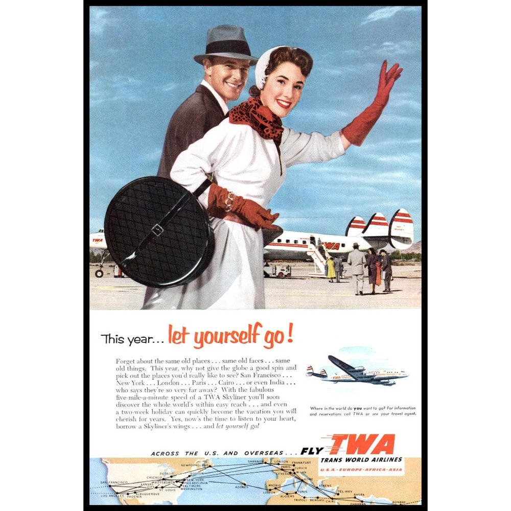 1953 TWA Airlines Skyliner Vintage Print Ad Happy Couple Boarding Wall Art Photo